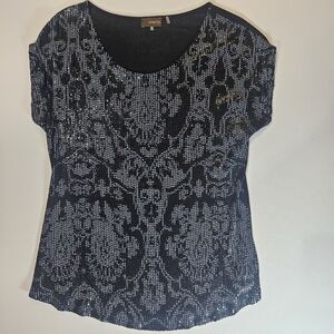 Crosby Sequin Blouse Womens Medium Black Grey Fancy Holiday New‎ Years Party Top